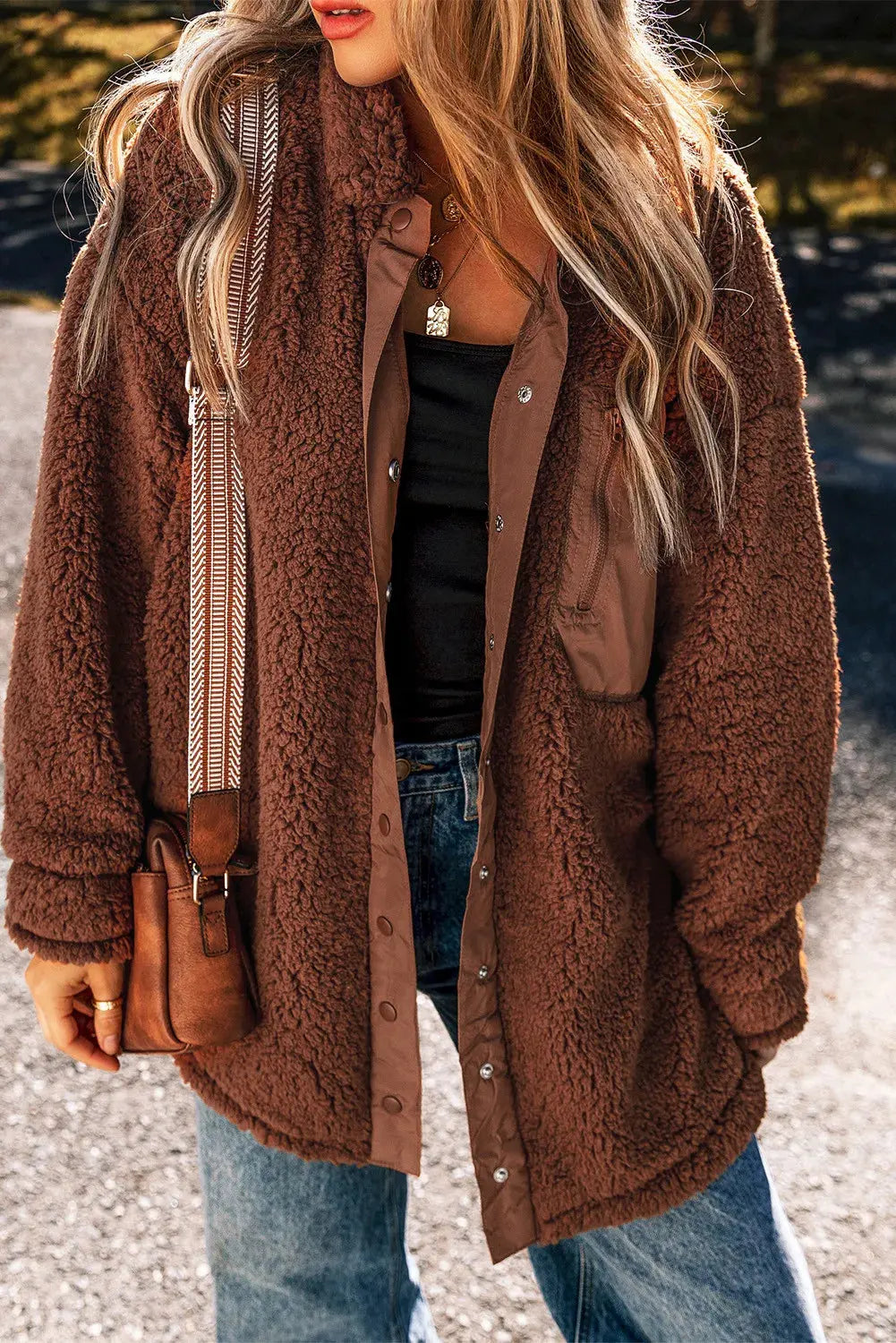 Fuzzy Snap Down Dropped Shoulder Jacket by Partner Label