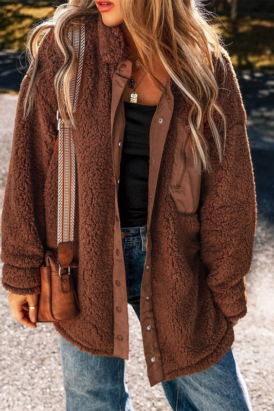 Fuzzy Snap Down Dropped Shoulder Jacket by Partner Label