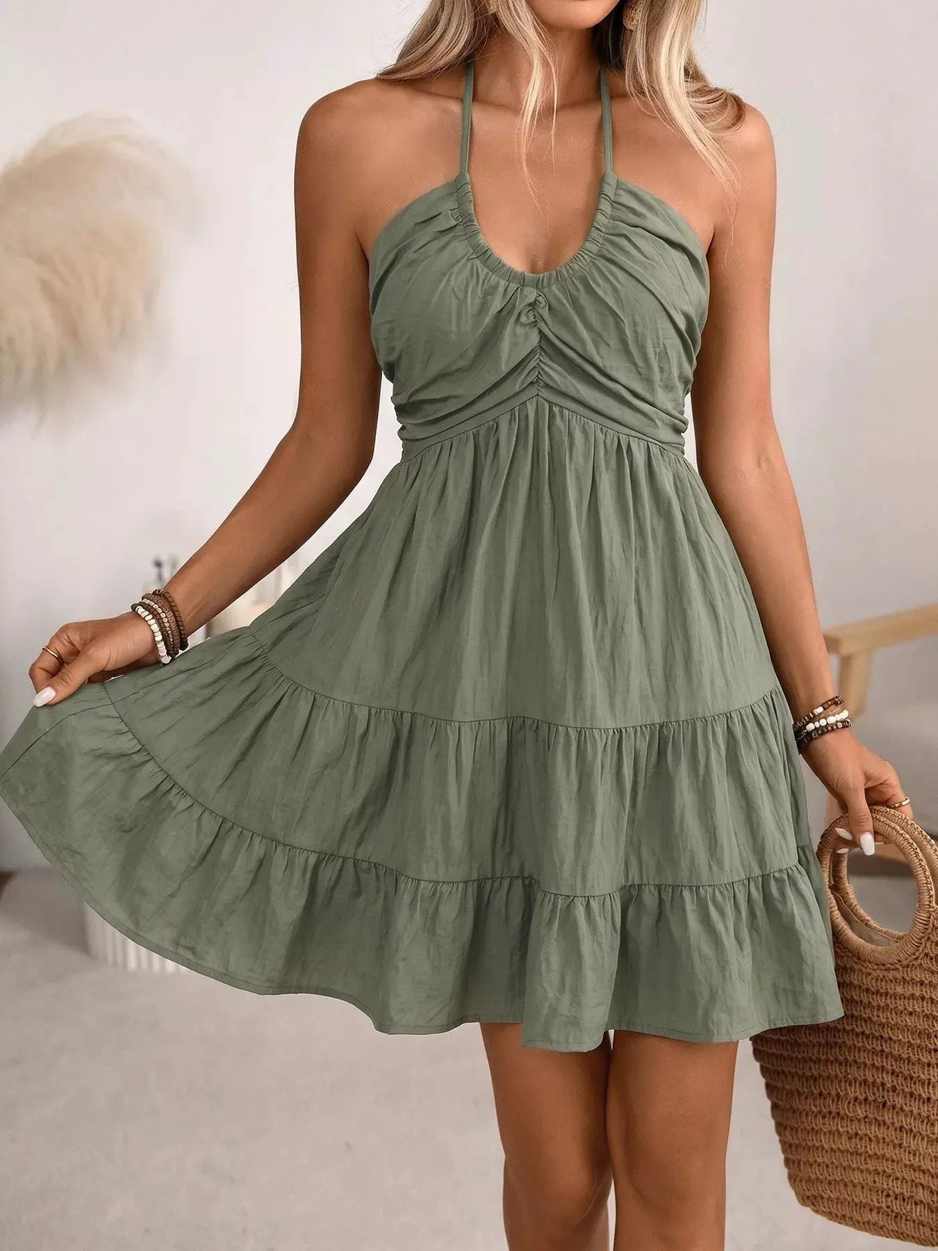 Casual Halter Neck Tiered Mini Dress by Trendsi