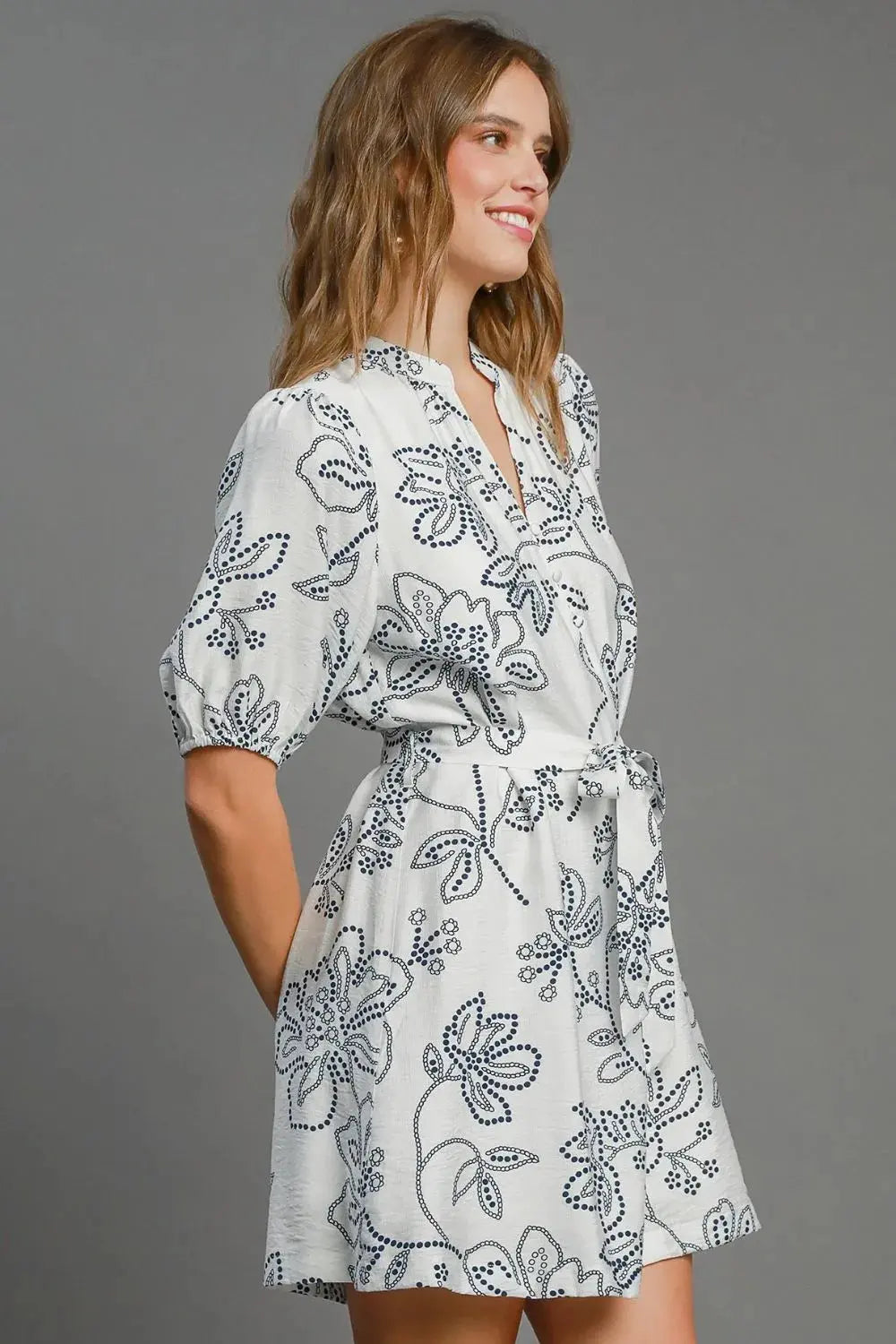 Umgee Full Size Floral Print Notched Puff Sleeve Mini Dress Plus Size by Umgee