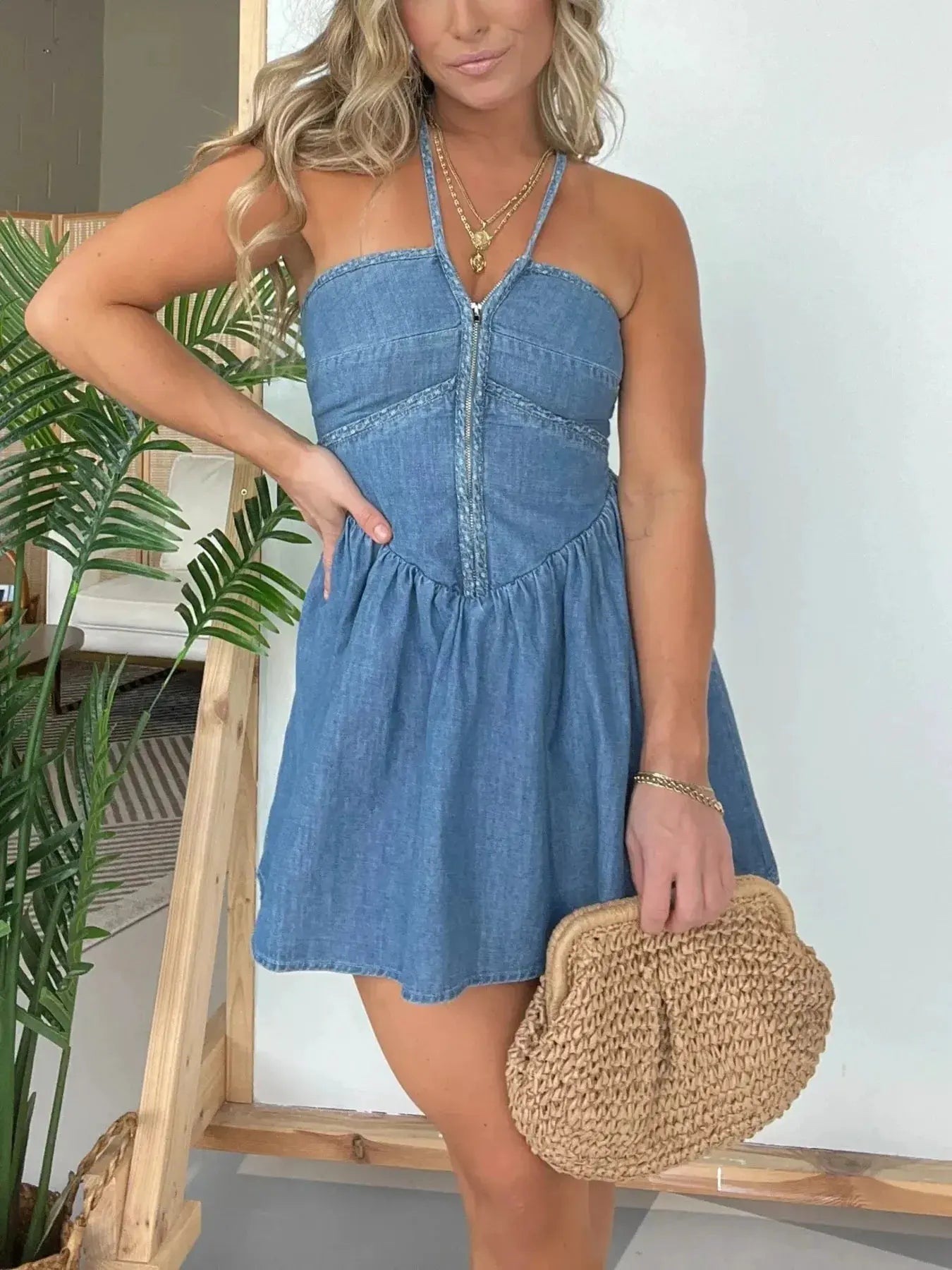Full Size Lace Up Halter Neck Denim Dress Plus Size by Partner Label