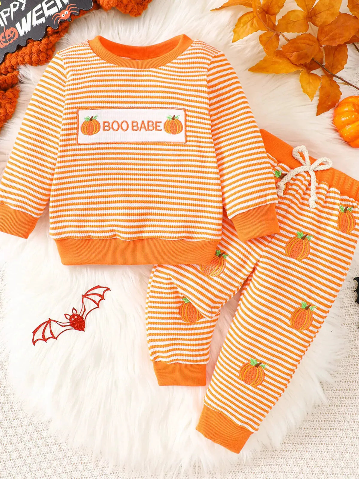 Children's Halloween Pumpkin Striped Long Sleeve Pajama Set by Trendsi