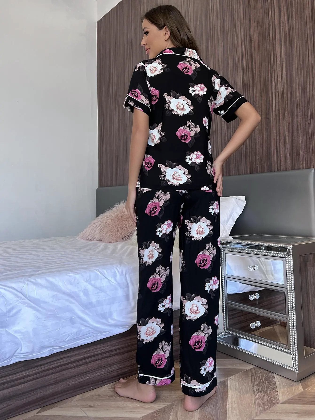 Floral Short Sleeve Shirt and Pants Lounge Set by Partner Label