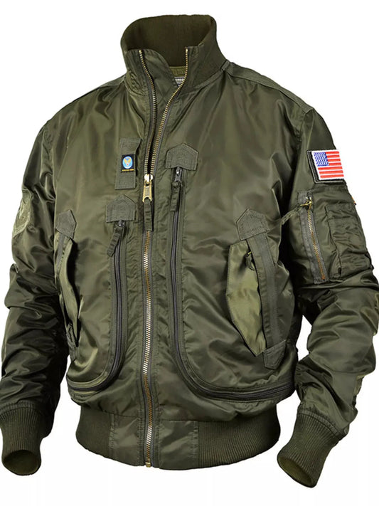Men's Plus Size Zip Up Bomber Jacket with Multiple Pockets by Partner Label