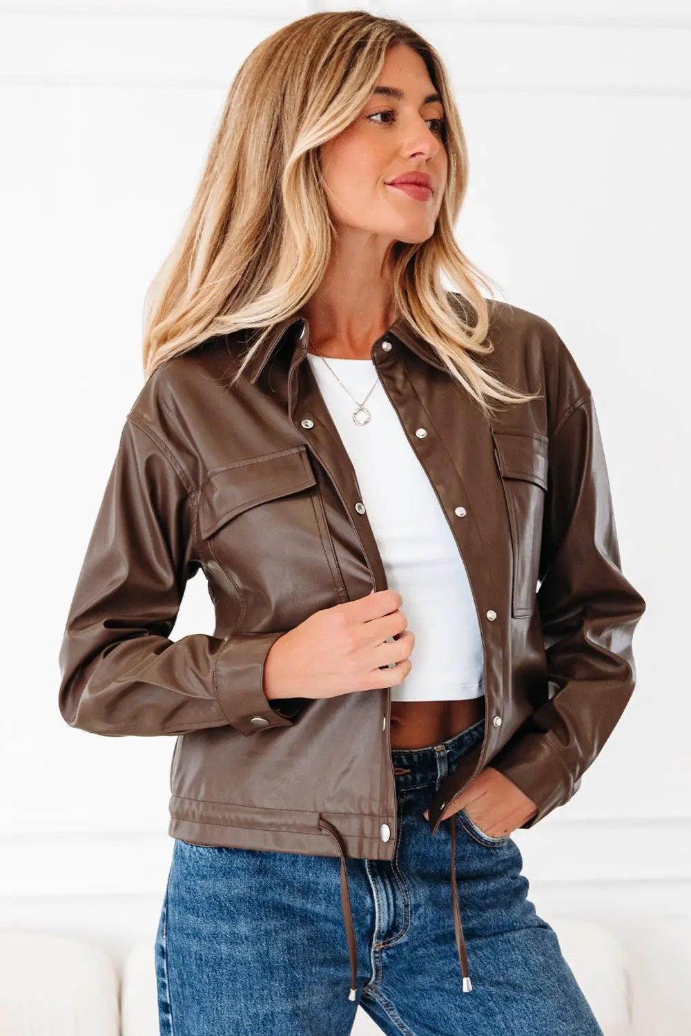 Faux Leather Drawstring Hem Jacket Women Utility Pocket Relaxed Fit by Inland Leather