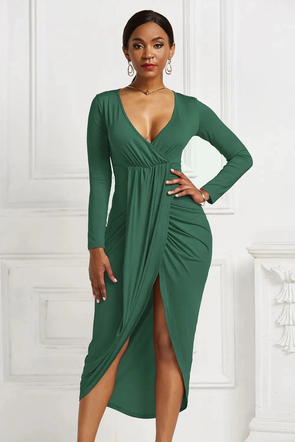 High-low Ruched Surplice Long Sleeve Dress by Partner Label