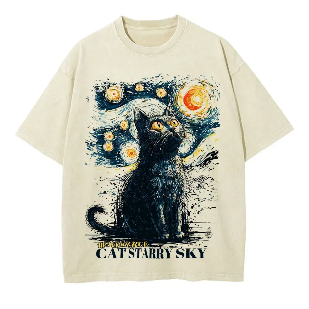 Black Cat Starry Sky Vintage T-Shirt Cotton Unisex Graphic Tee by Vimost Shop