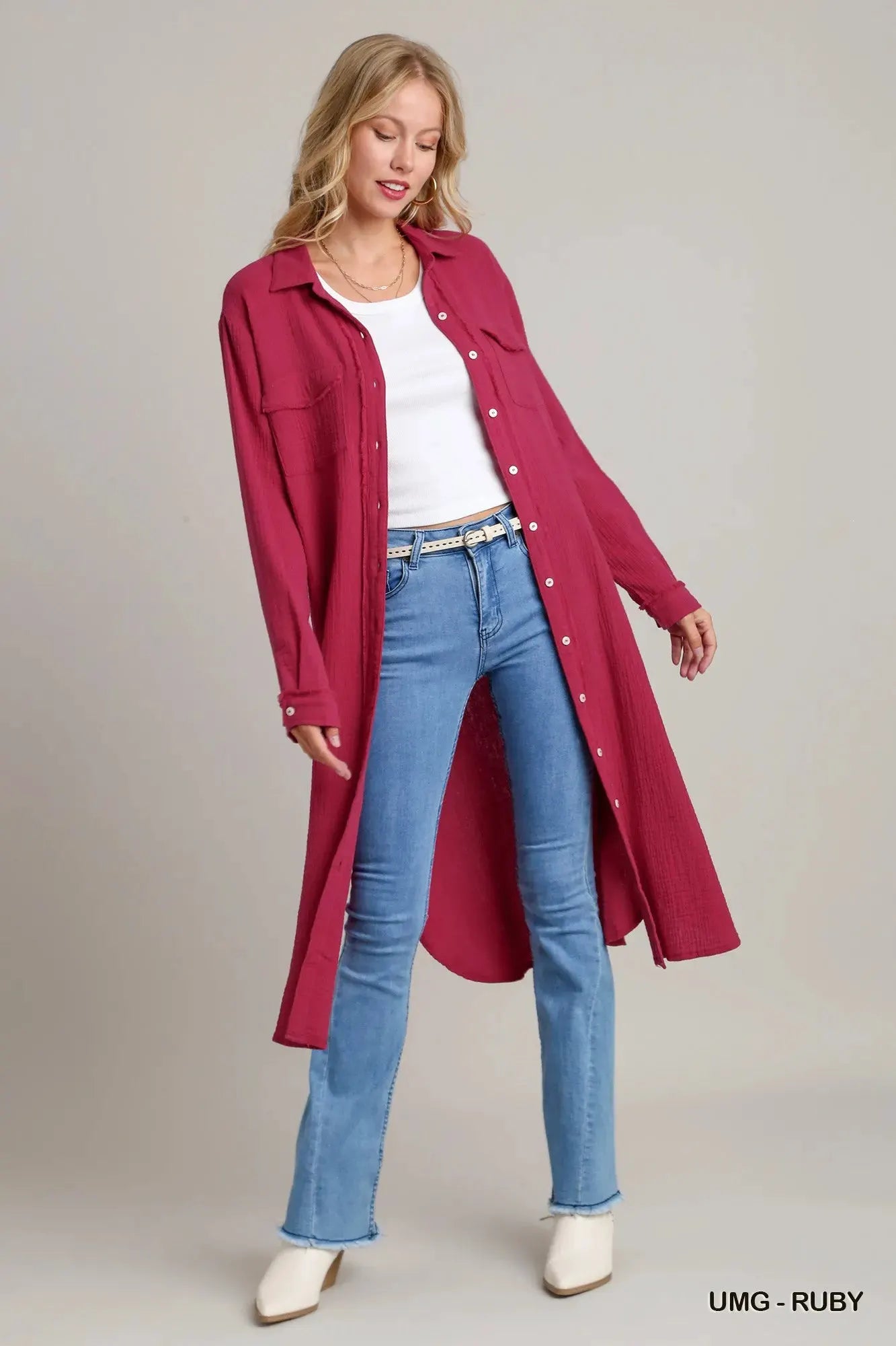 Umgee Cotton Gauze Button Down Shirt Dress by Umgee