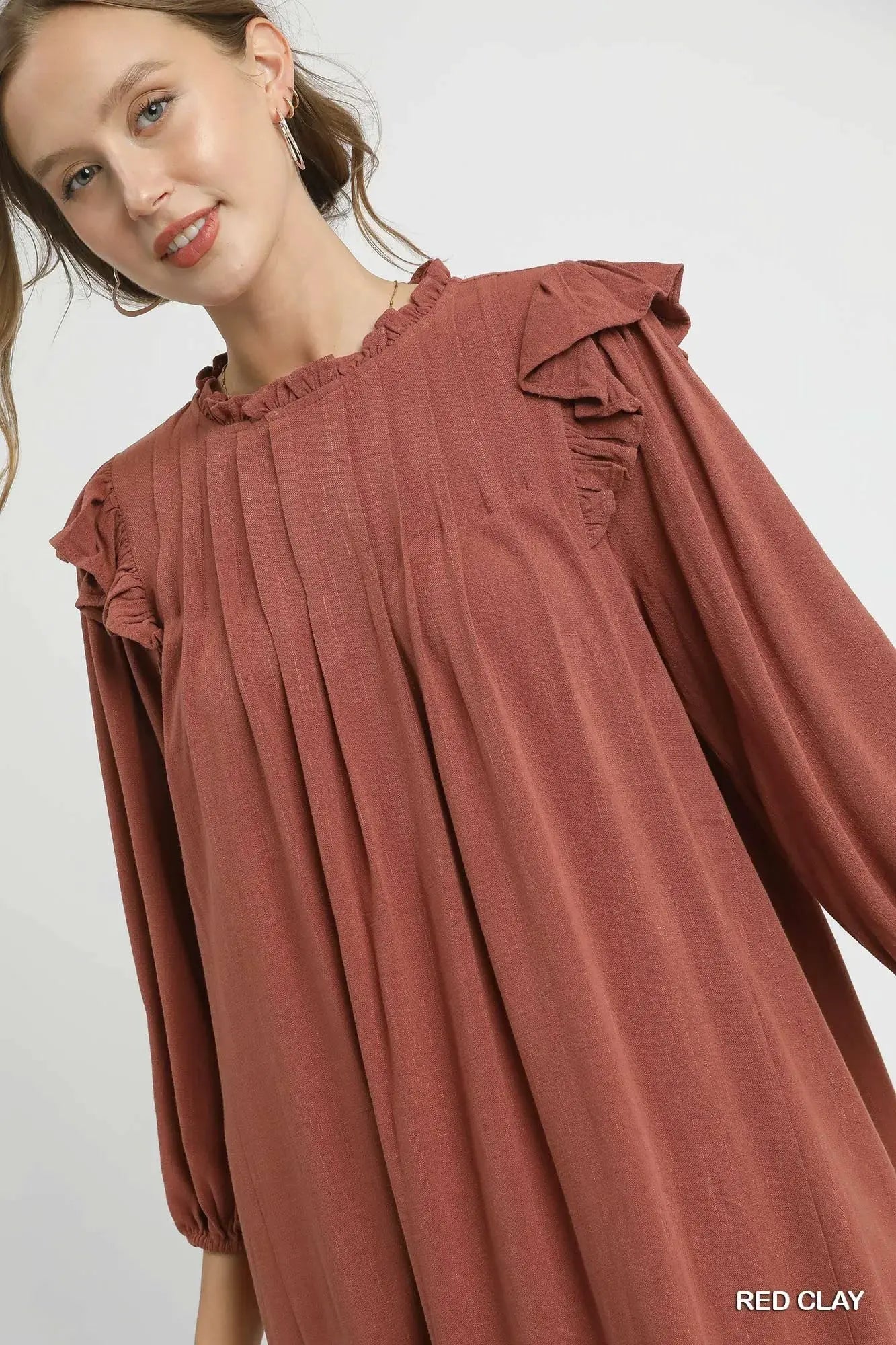 Umgee Linen Ruffle Shoulder Pleated Babydoll Dress by Umgee