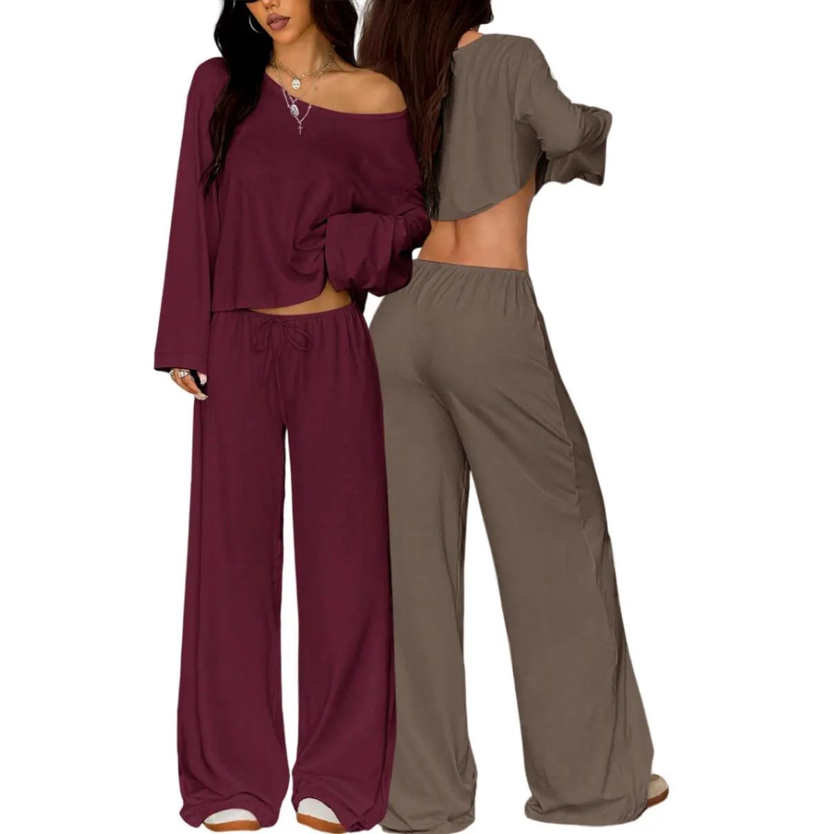 Womens Solid-Color Casual Off-the-Shoulder Long-Sleeve Pants by Maiden-Art