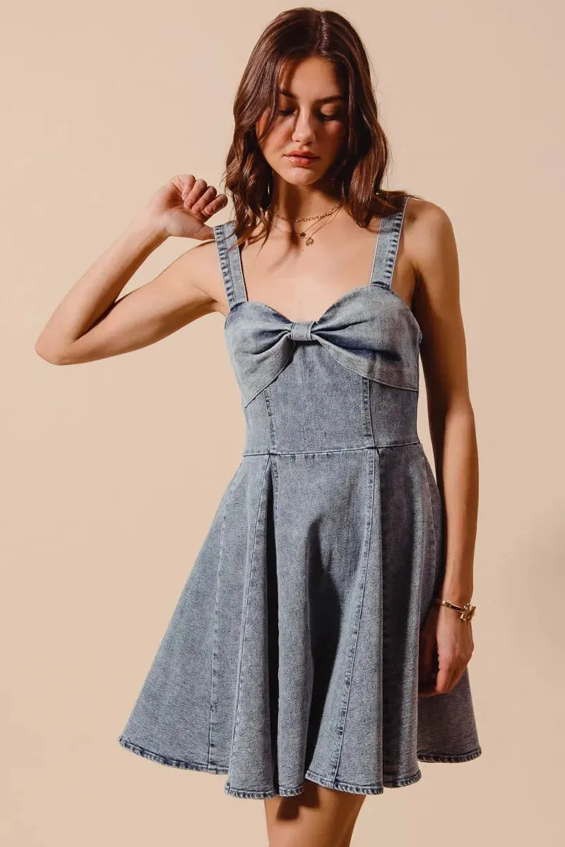 SO ME Mineral Washed Bow Ribbon Denim Flare Dress by Partner Label