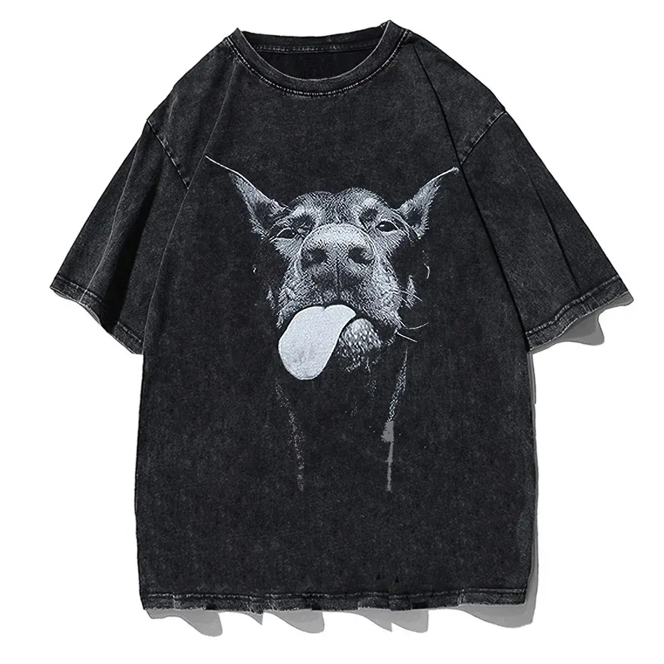 Gothic Dog Letter Print Vintage Washed Oversized T-Shirt by Vimost Shop
