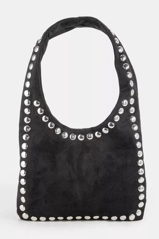 Fame Grommet Border Studded Suede Shoulder Bag by Partner Label