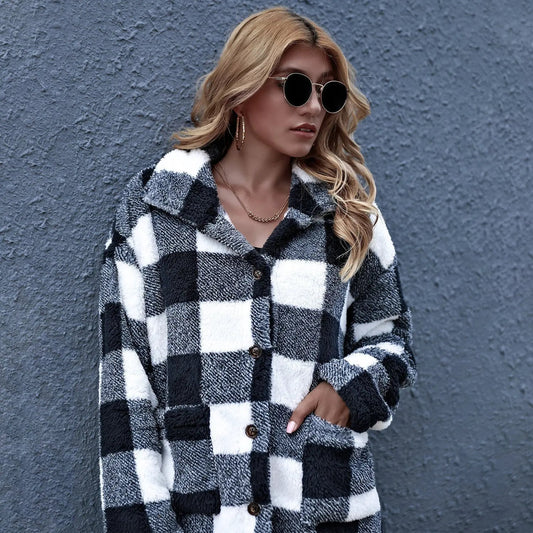 Women Oversized Check Button Shirt Jacket by Maiden-Art