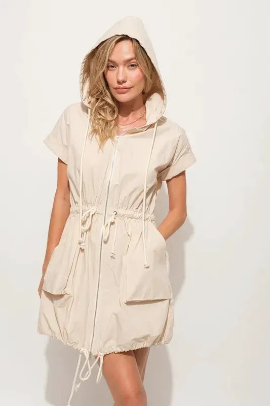 And The Why Short Sleeve String Details Hooded Mini Dress by And The Why