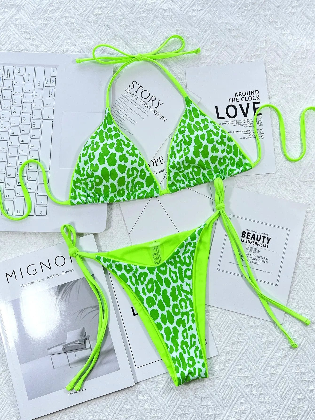 Leopard Print Halter Neck Tie Side Bikini Set by Partner Label