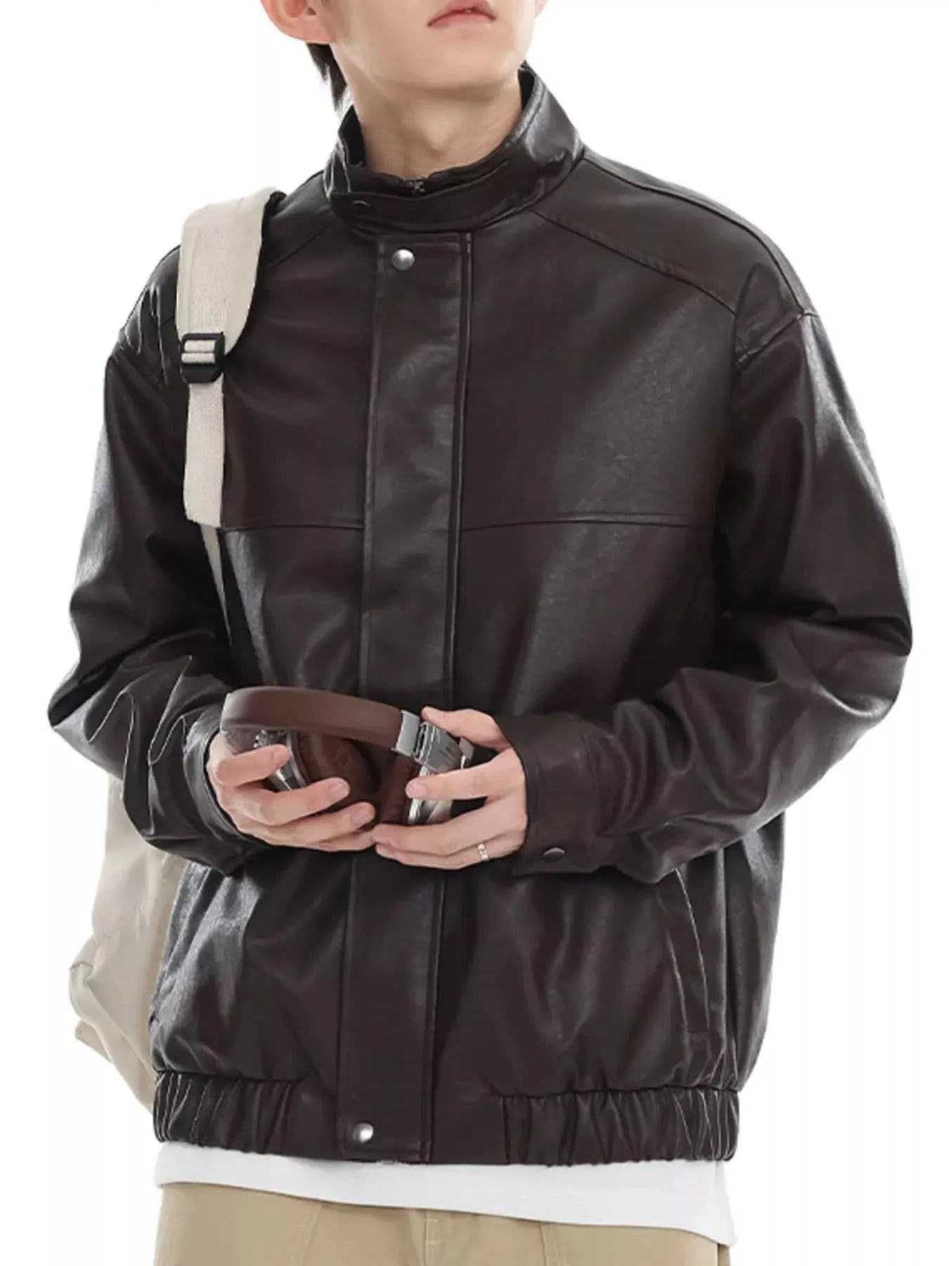 Men's Plus Size Zip Up Leather Bomber Jacket by Partner Label