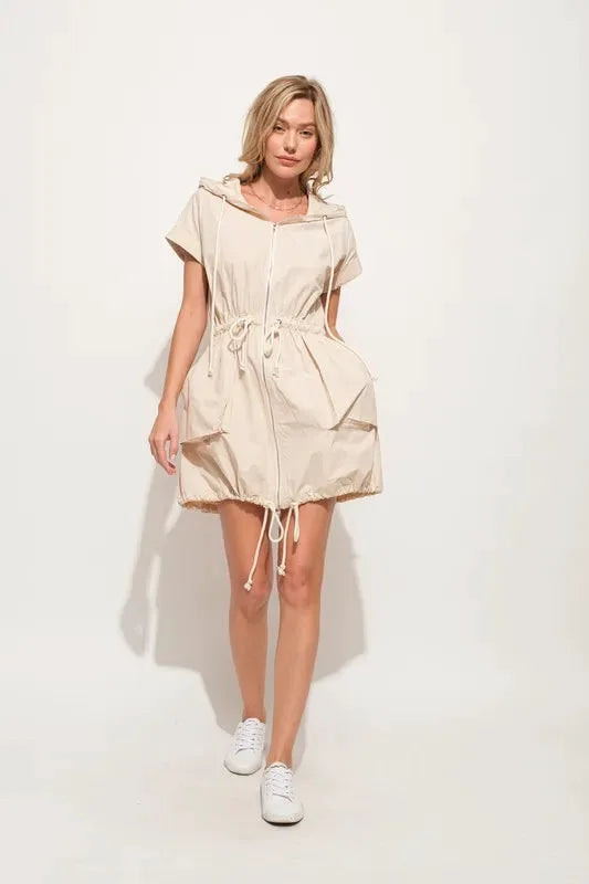 And The Why Short Sleeve String Details Hooded Mini Dress by And The Why
