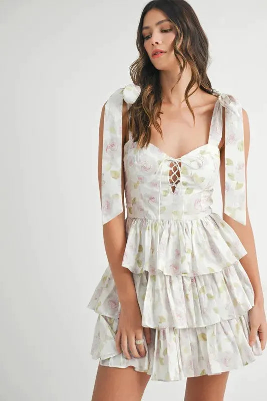 MABLE Floral Print Shoulder Tie Layered Mini Dress by MABLE