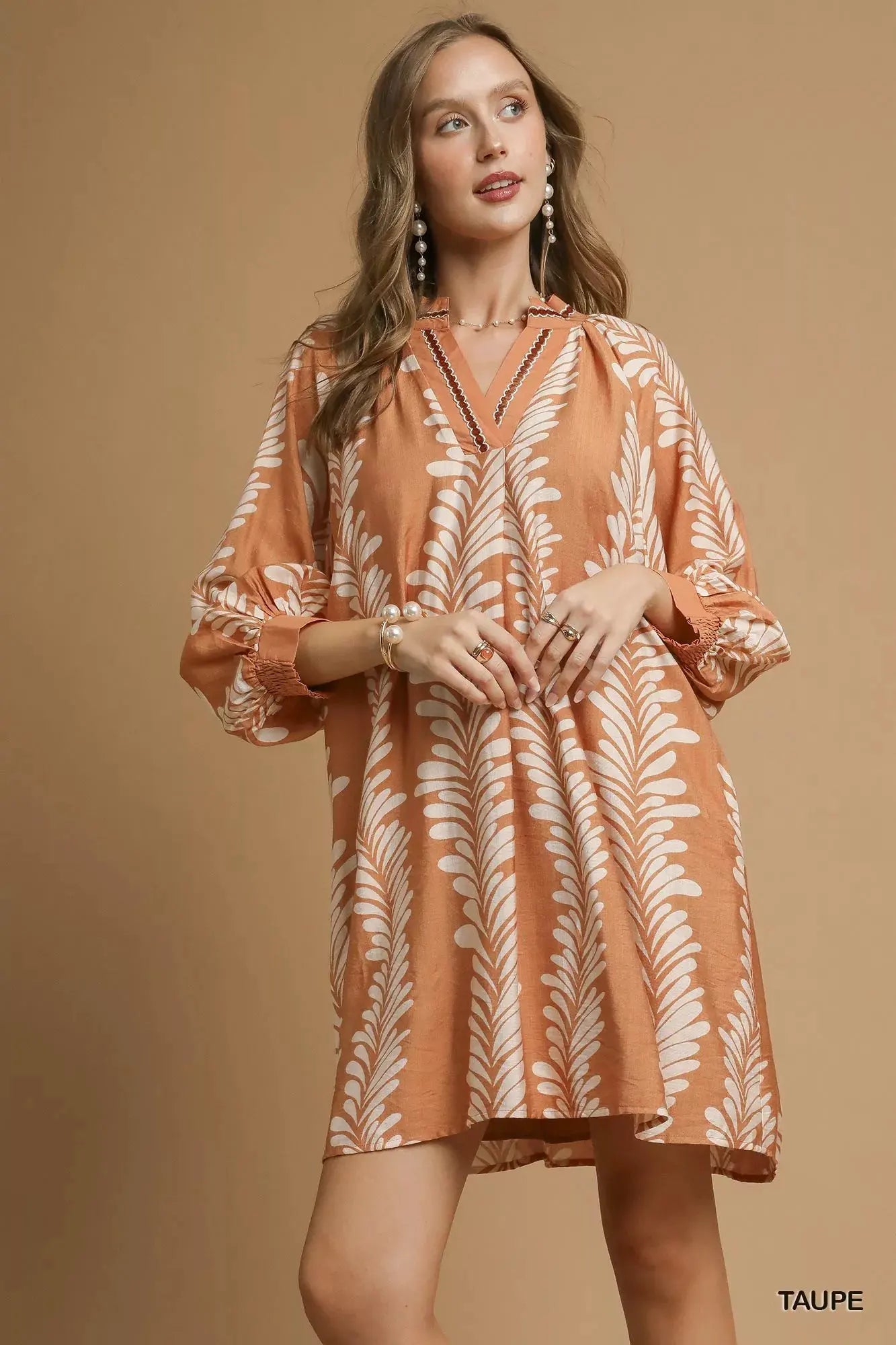 Umgee Leaf Print Notched Mini Babydoll Dress by Umgee