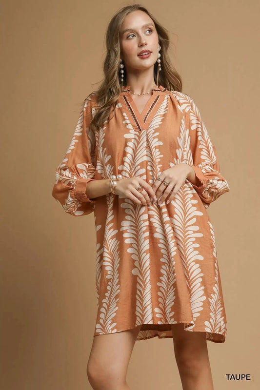 Umgee Leaf Print Notched Mini Babydoll Dress by Umgee