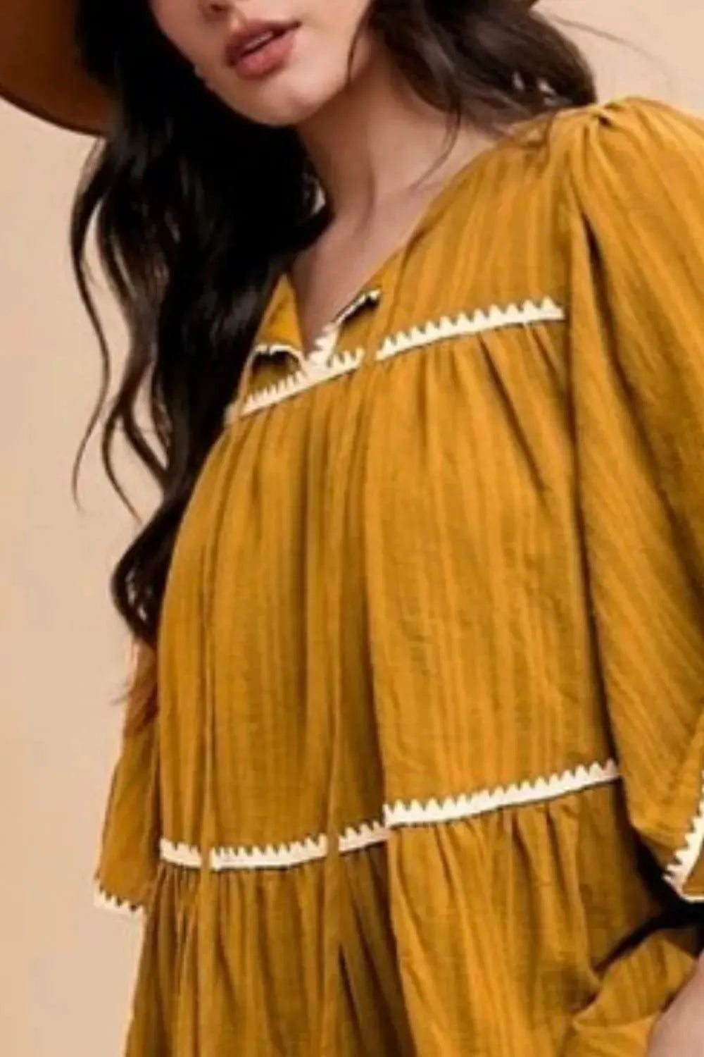 Annie Wear Tassel Contrast Trim Tie Neck Half Sleeve Tiered Dress by Annie Wear