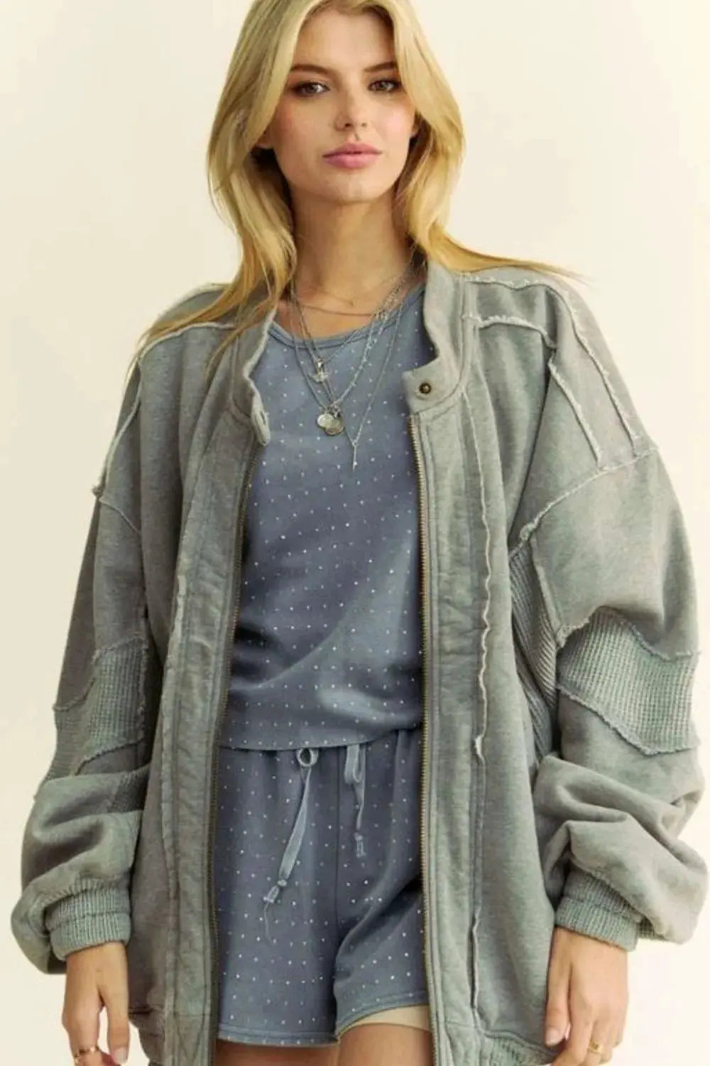 Davi & Dani Exposed Seam Zip Up Dropped Shoulder Jacket by Davi & Dani