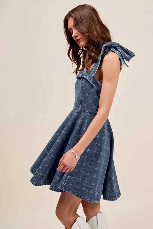 SO ME A Line Fit and Flare Diamond Bow Ribbon Denim Dres by SO ME