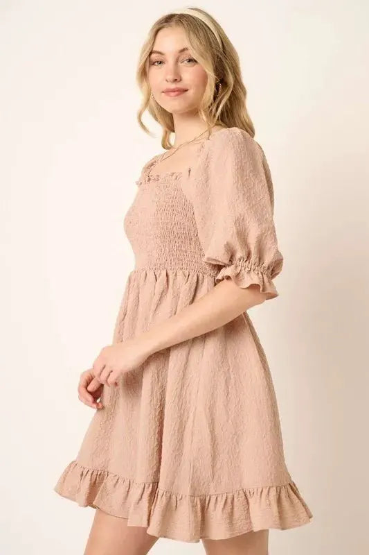 Mittoshop Smocked Ruffled Hem Half Sleeve Mini Dress by Mittoshop