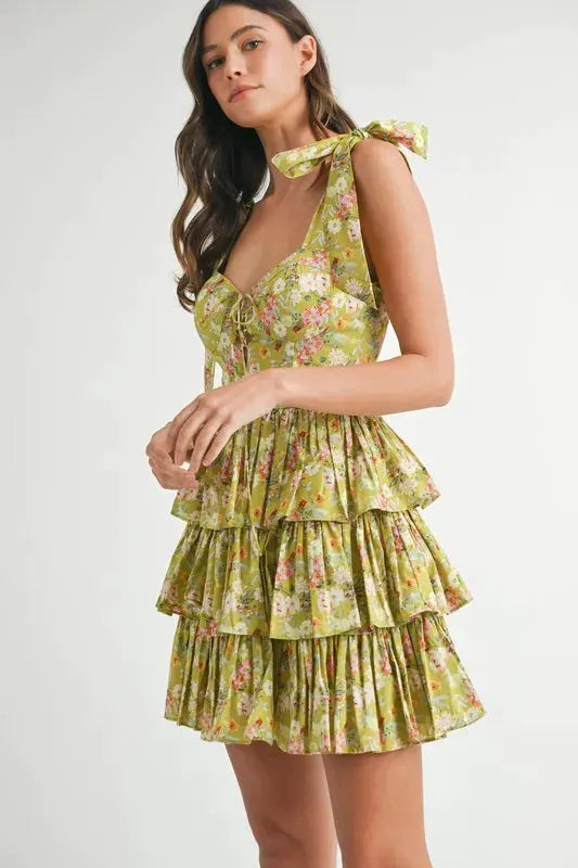 MABLE Floral Print Shoulder Tie Layered Mini Dress by MABLE