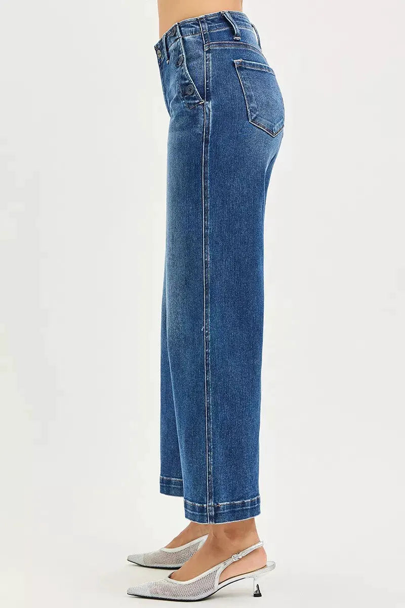 RISEN High Rise Wide Leg Jeans With Pocket Button Detail by RISEN