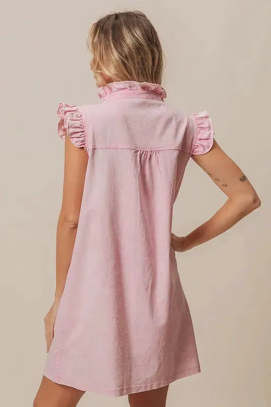 BiBi Washed Button Down Ruffled Cap Sleeve Denim Dress by Partner Label