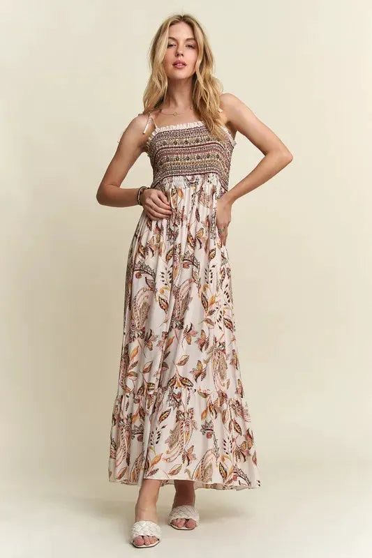 ADORA Smocked Printed Square Neck Tie Shoulder Cami Dress by Partner Label