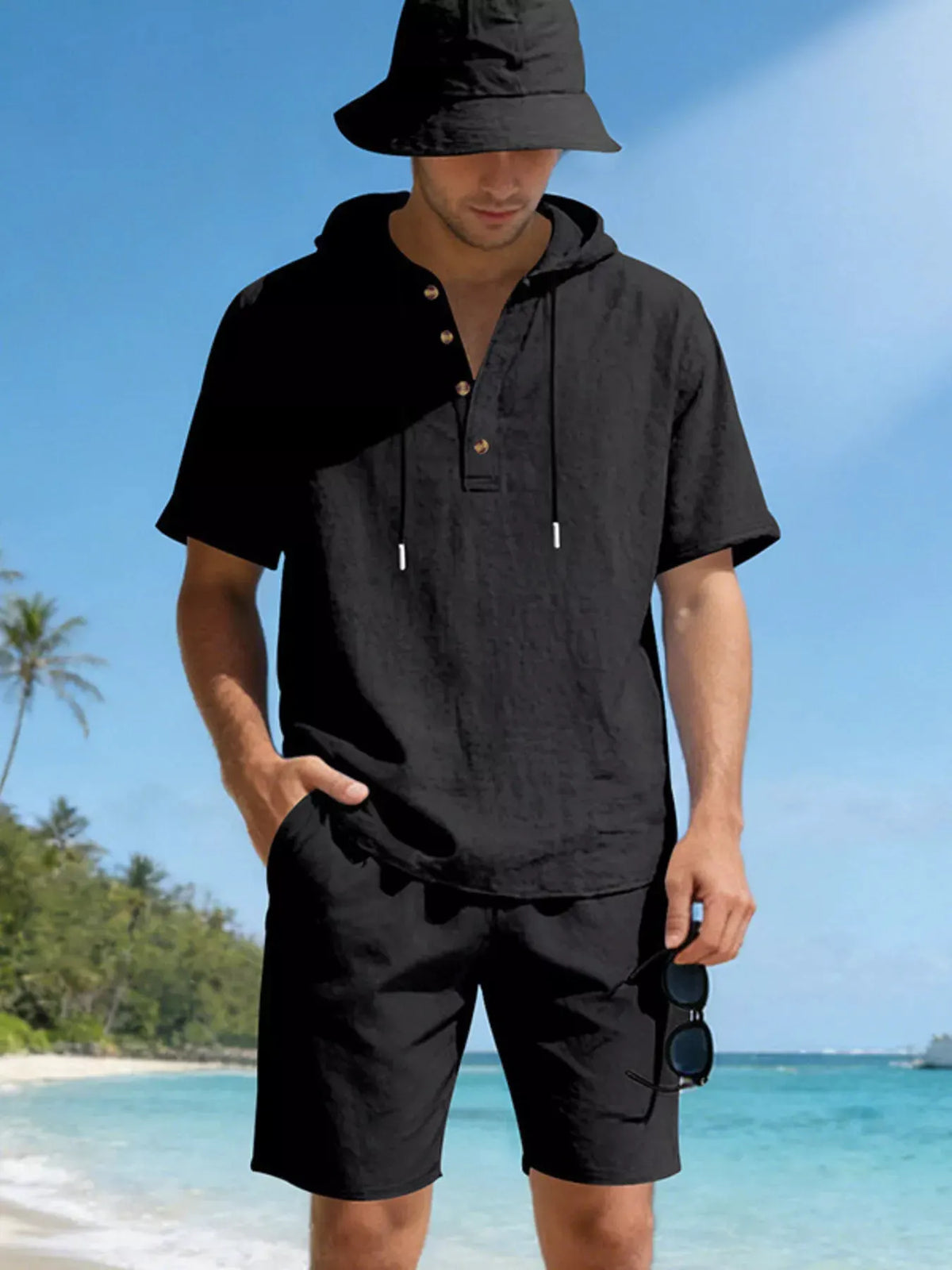 Men's Full Size Casual Short Sleeve Hooded Top & Shorts Set Plus Size by Trendsi