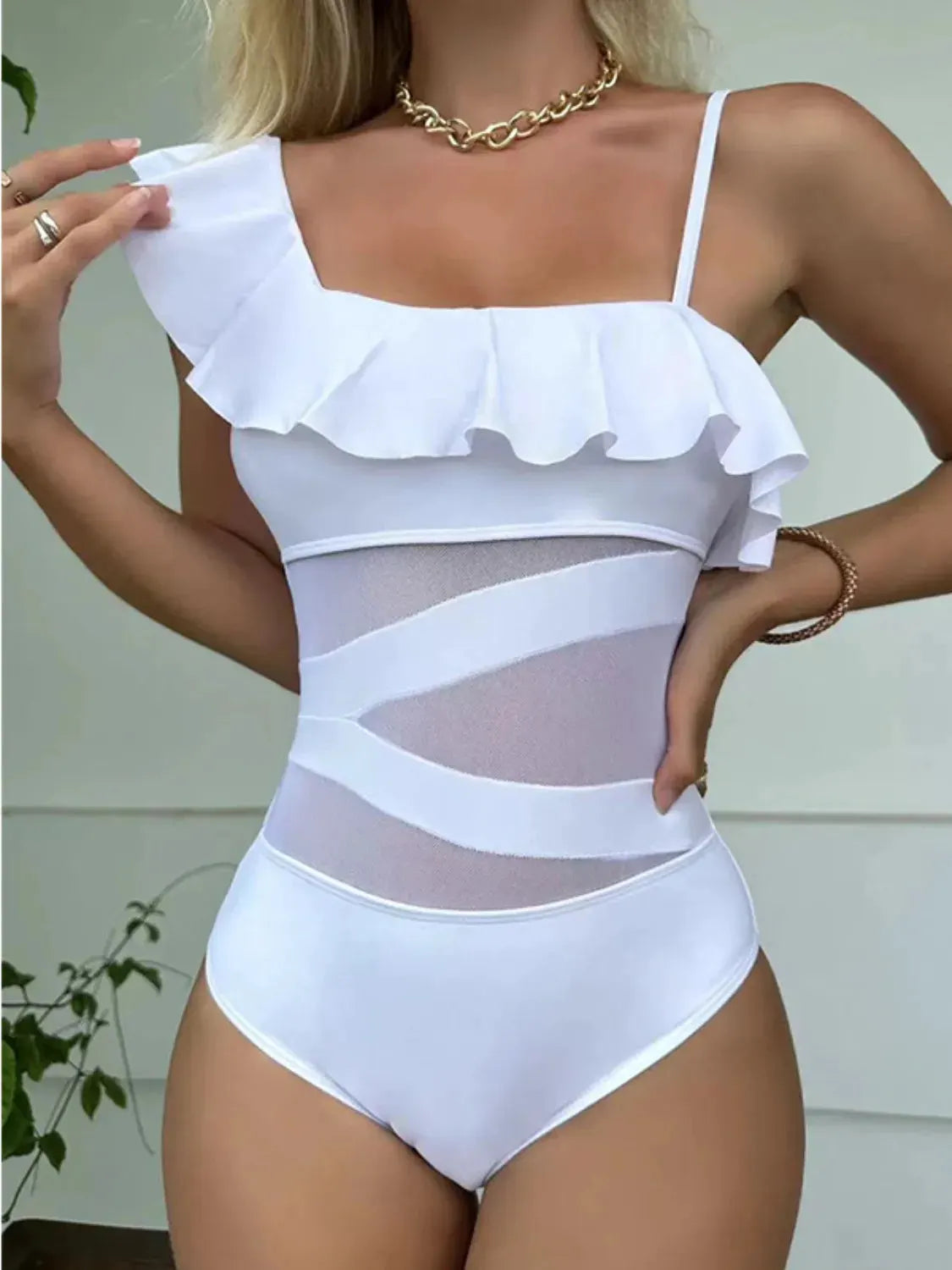 Asymmetrical Ruffled One-Piece Swimwear by Partner Label
