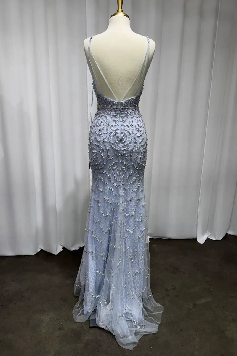 Fitted Beaded Blue Gown by Tux-USA