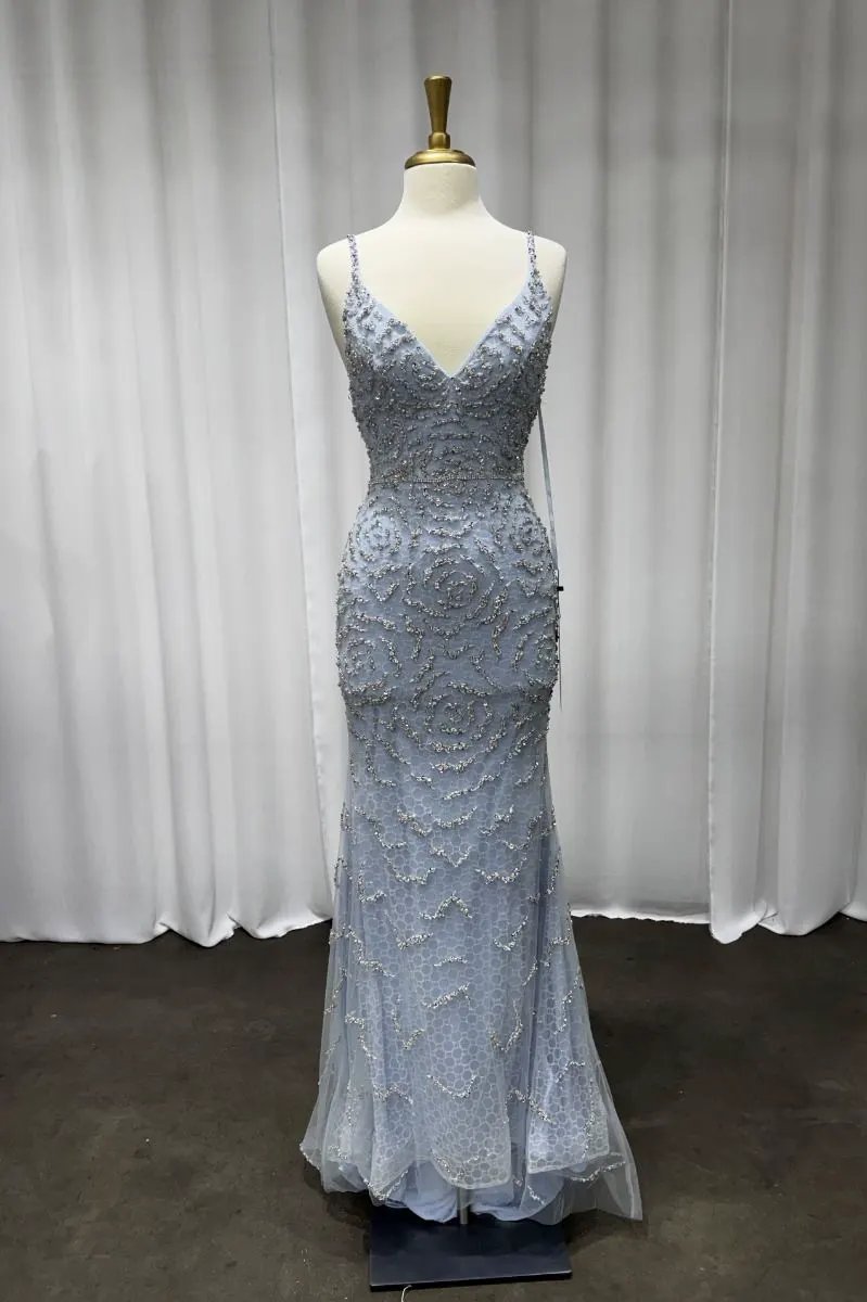 Fitted Beaded Blue Gown by Tux-USA