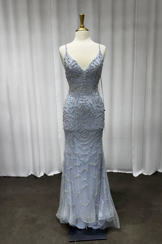 Fitted Beaded Blue Gown by Tux-USA