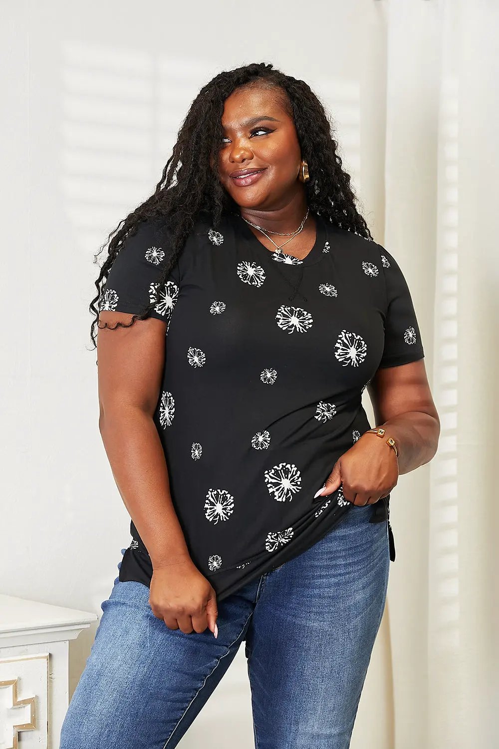 Double Take Dandelion Print Round Neck T-Shirt by Partner Label