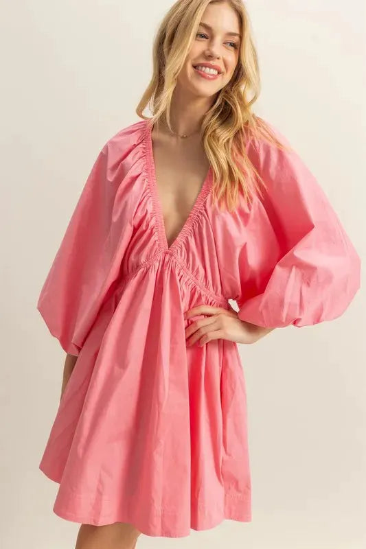 HYFVE Plunge Balloon Sleeve Poplin Mini Dress with Pockets by HYFVE