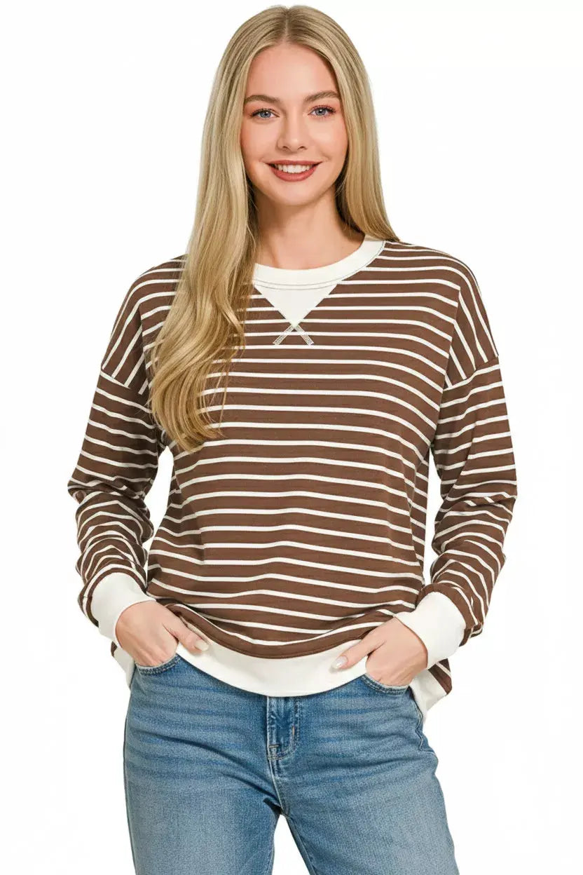 Zenana Contrast Striped Round Neck Sweatshirt by Zenana