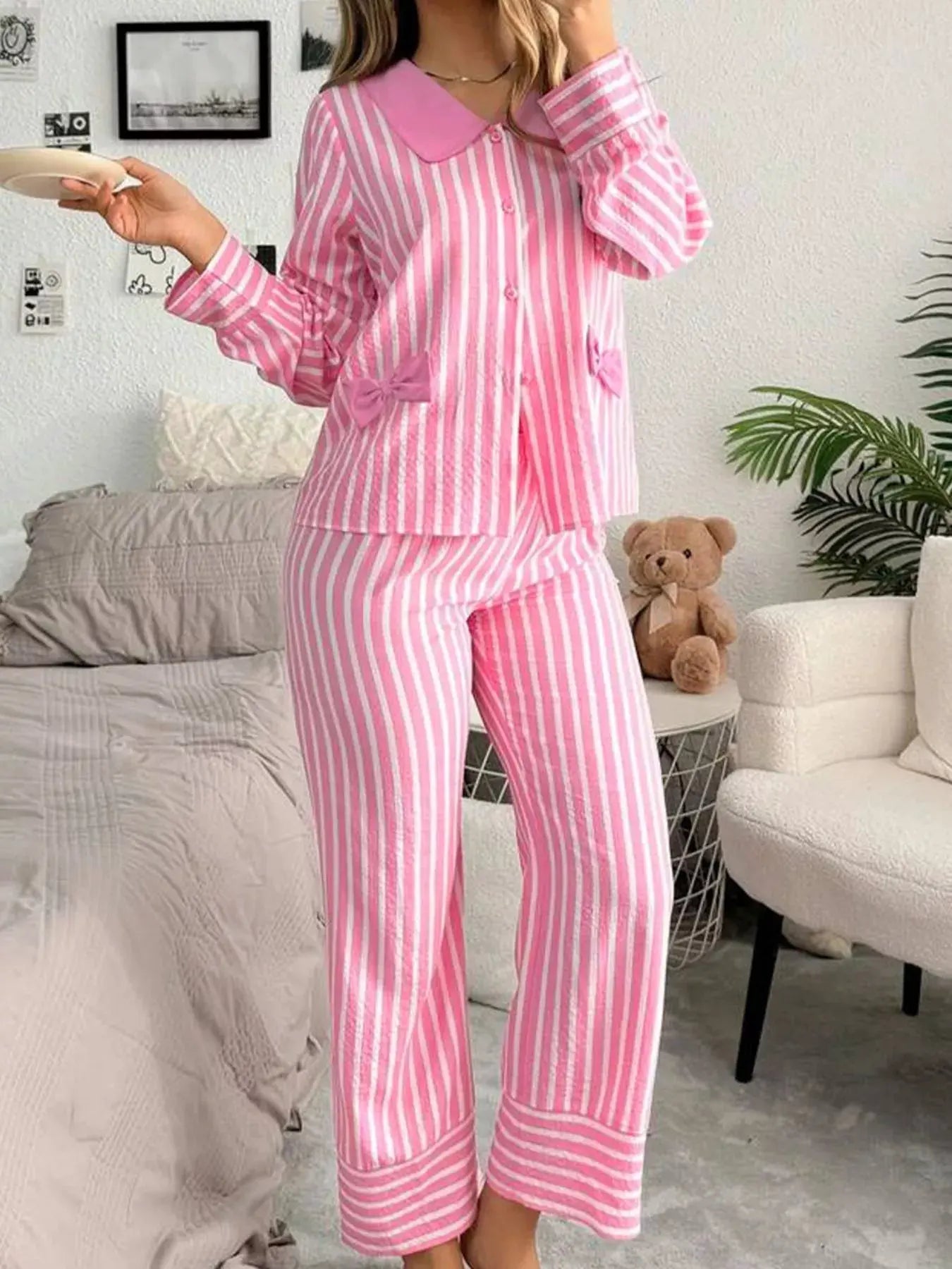 Stripe Buttoned Front Long Sleeve Top and Pants 2 Piece Sleepwear by Partner Label