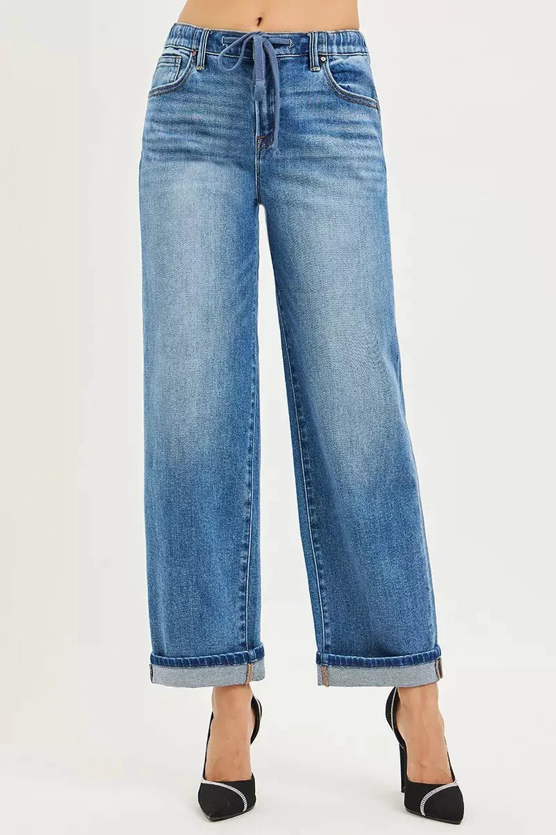 RISEN Elastic Band Slouch Ankle Boyfriend Cuffed Hem Jeans by RISEN