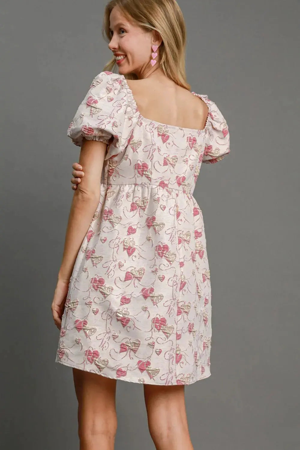 Umgee Heart Jacquard Square Neck Puff Sleeve Mini Dress by Umgee