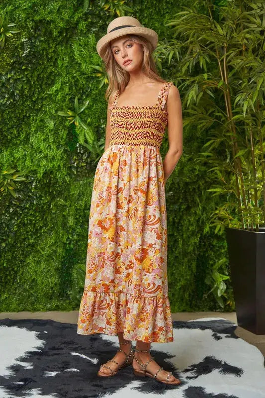 Davi & Dani Multi Smocked Bodice Geo Ruffle Strappy Midi Dress by Davi & Dani