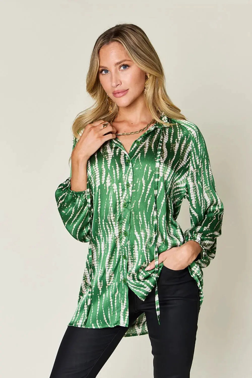 Double Take Full Size Printed Button Up Long Sleeve Shirt by Double Take