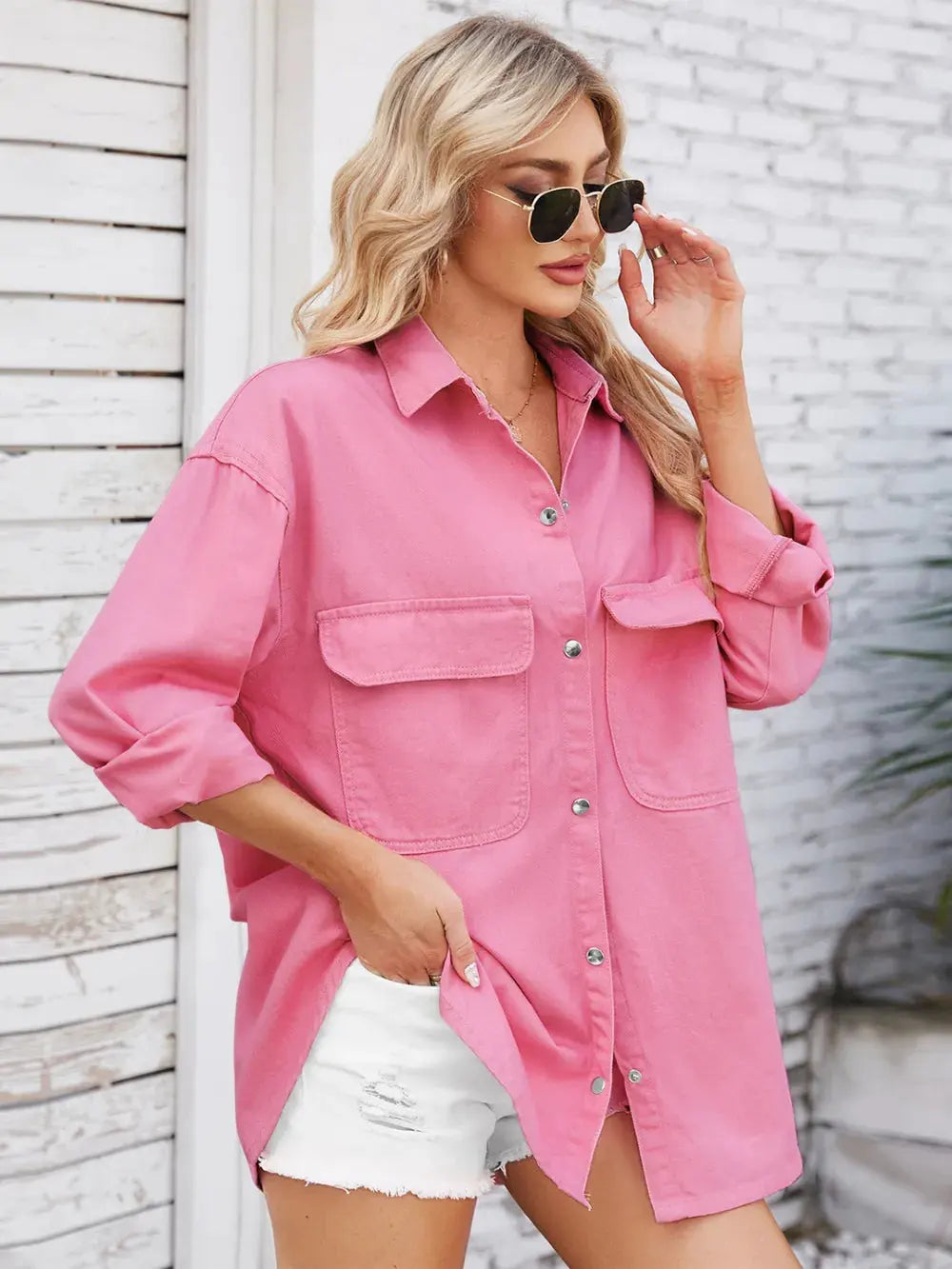 Pocketed Snap Down Dropped Shoulder Denim Shacket by Partner Label