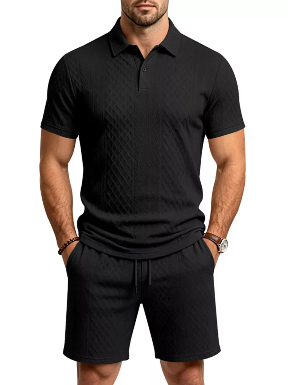 Men's Full Size Textured Short Sleeve Polo and Shorts Set Plus Size by POL