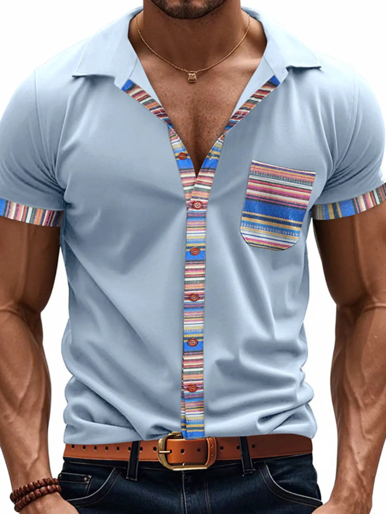 Men's Full Size Short Sleeve Shirt with Colorful Trim Plus Size by Trendsi
