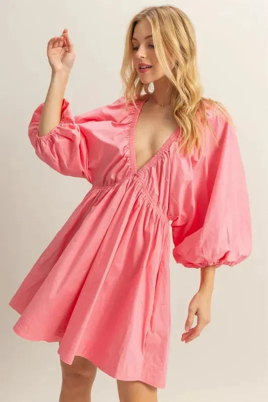 HYFVE Plunge Balloon Sleeve Poplin Mini Dress with Pockets by HYFVE